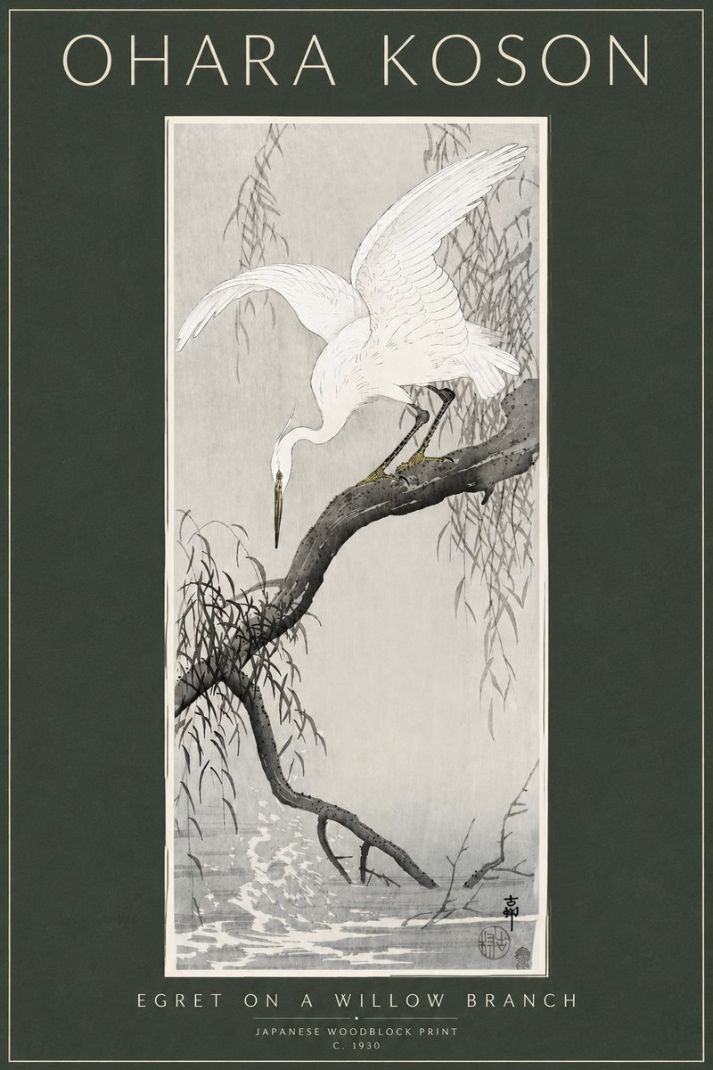 Ohara Koson Egret on a Willow Branch No3 - Affiche