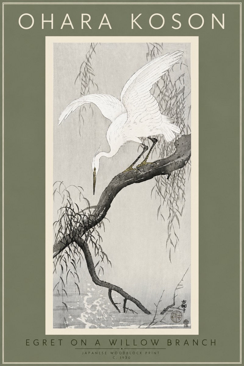 Ohara Koson Egret on a Willow Branch No4 - Affiche