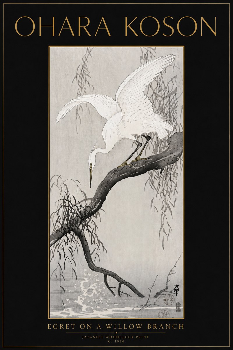 Ohara Koson Egret on a Willow Branch No5 - Affiche