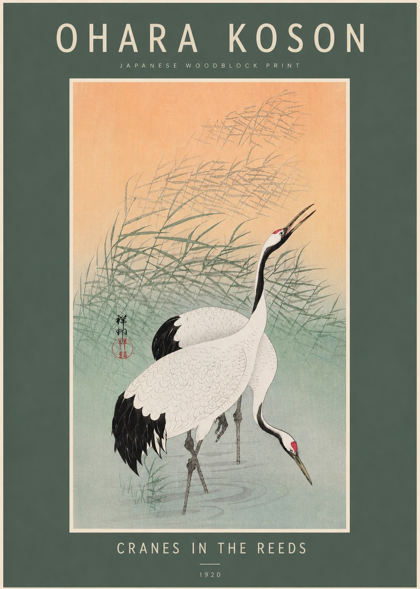 Ohara Koson Cranes in the Reeds No2 - Affiche
