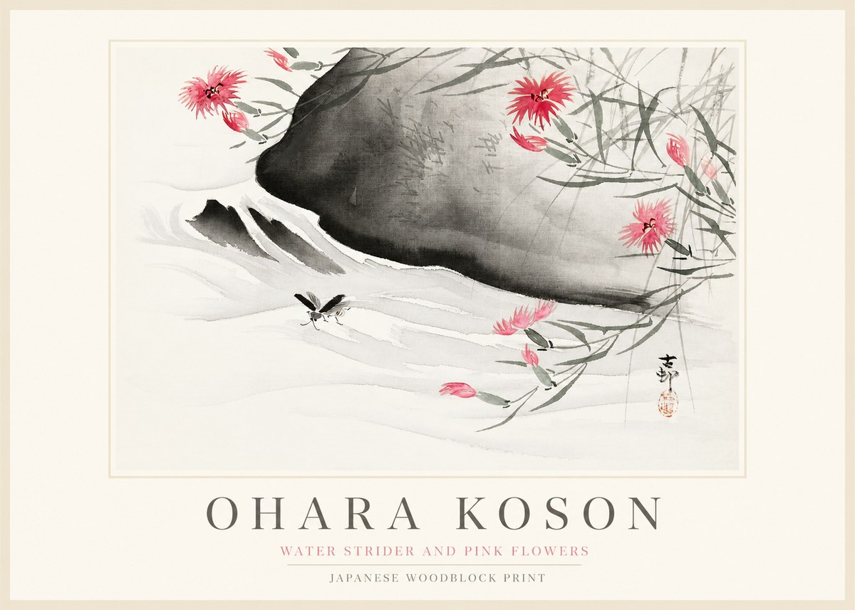 Ohara Koson Water Strider and Pink Flowers No1 - Affiche