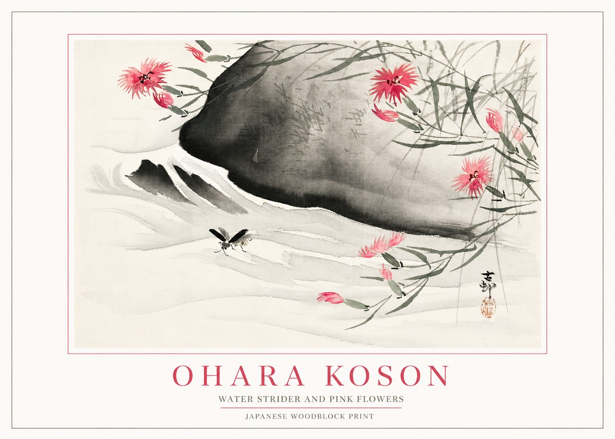 Ohara Koson Water Strider and Pink Flowers No2 - Affiche