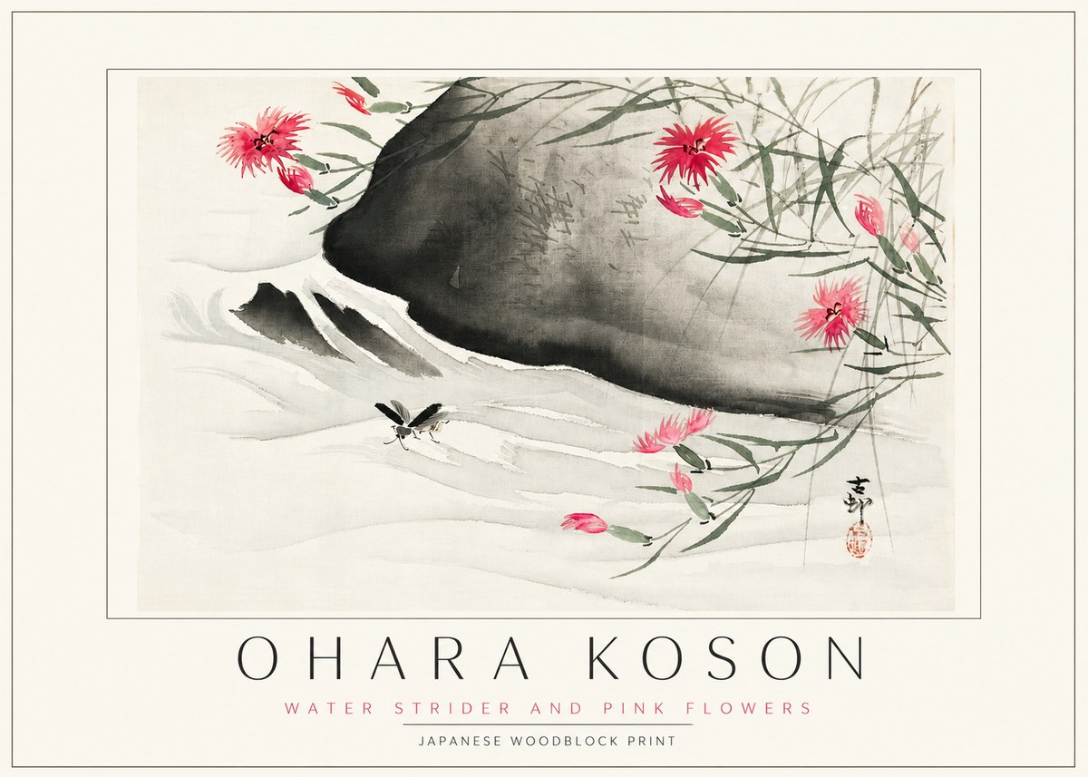 Ohara Koson Water Strider and Pink Flowers No3 - Affiche