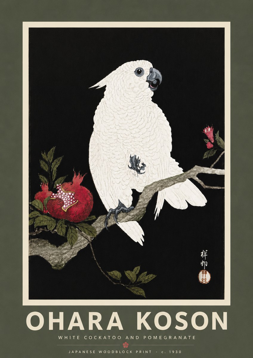 Ohara Koson White Cockatoo and Pomegranate I No5 - Affiche