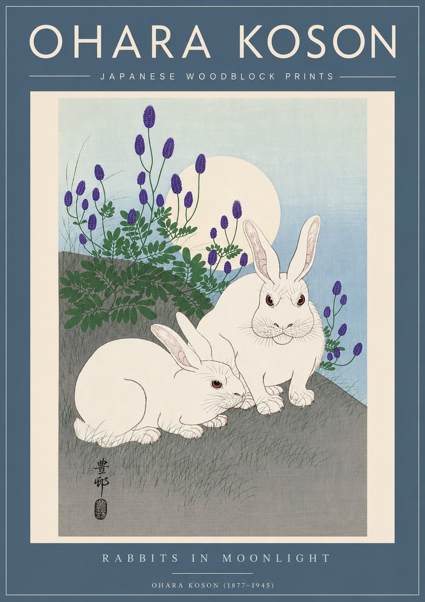 Ohara Koson Rabbits in Moonlight No5 - Affiche