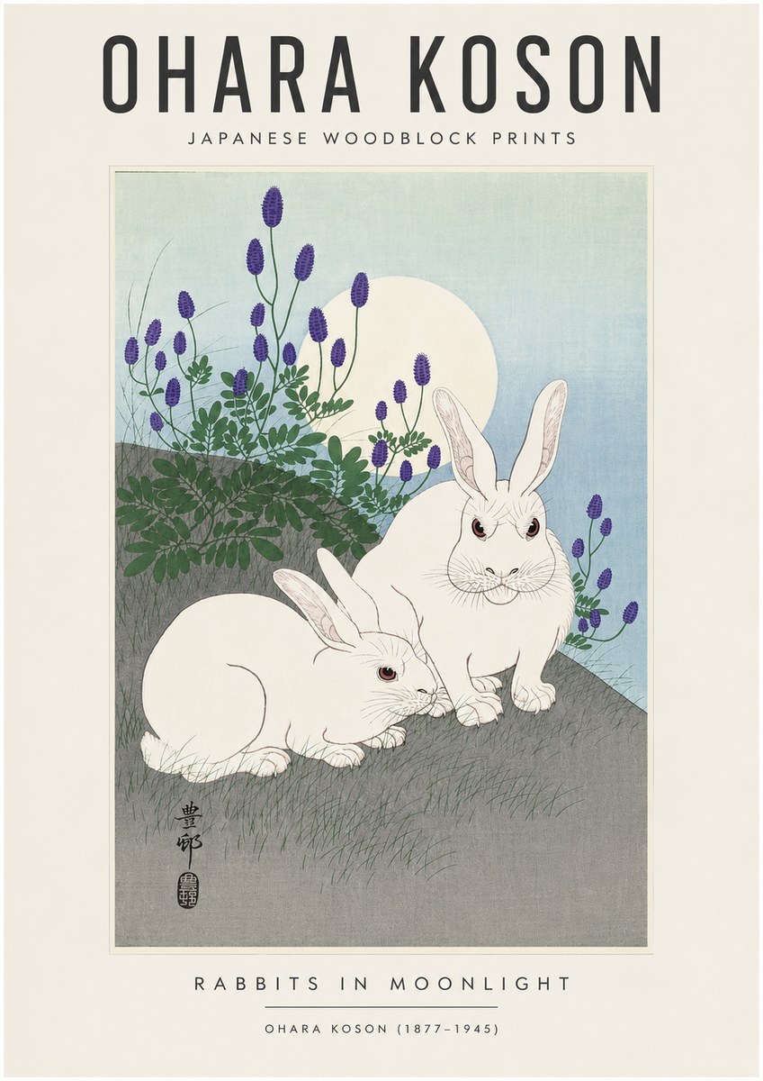 Ohara Koson Rabbits in Moonlight No6 - Affiche