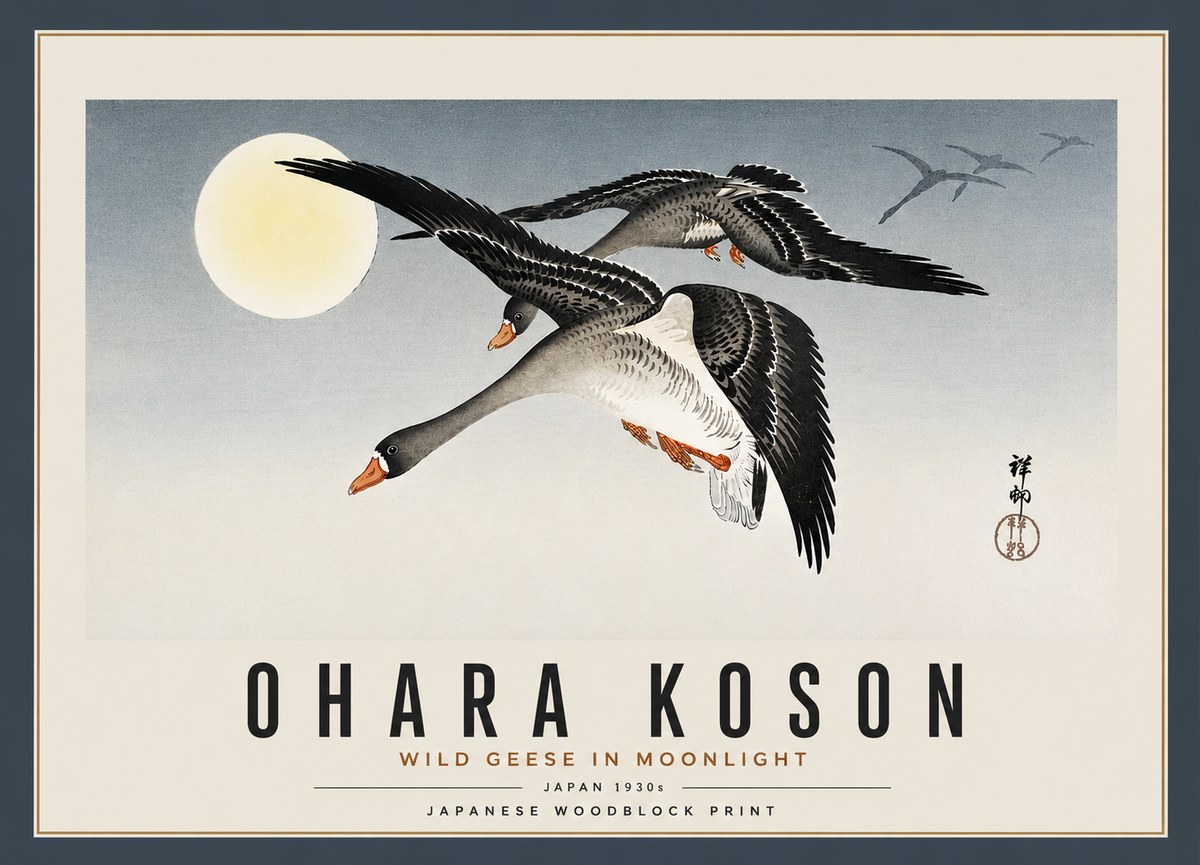 Ohara Koson Wild Geese in Moonlight III No4 - Affiche