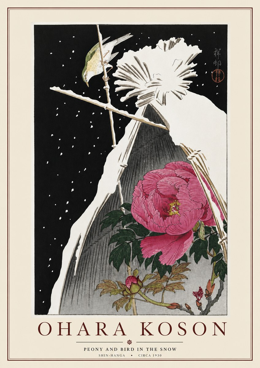 Ohara Koson Peony and Bird in the Snow No3 - Affiche