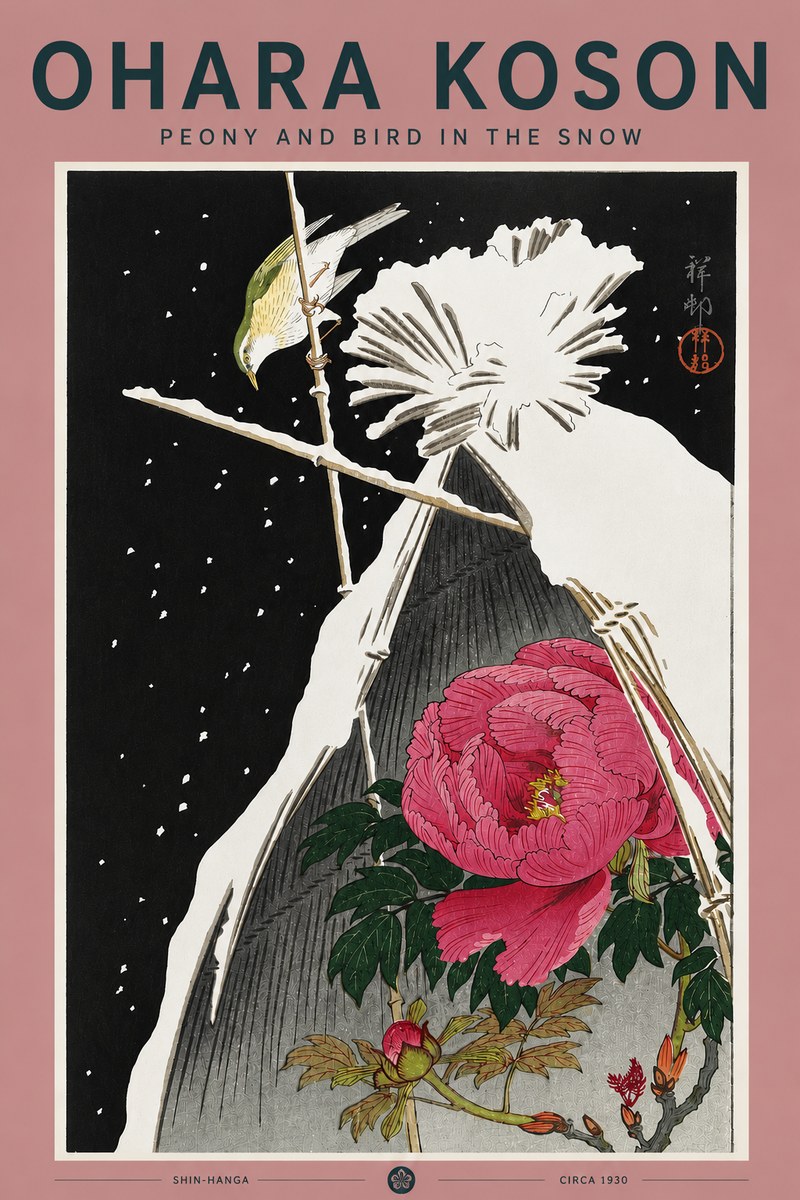 Ohara Koson Peony and Bird in the Snow No5 - Affiche