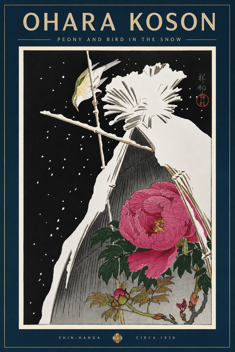 Ohara Koson Peony and Bird in the Snow No6 - Affiche