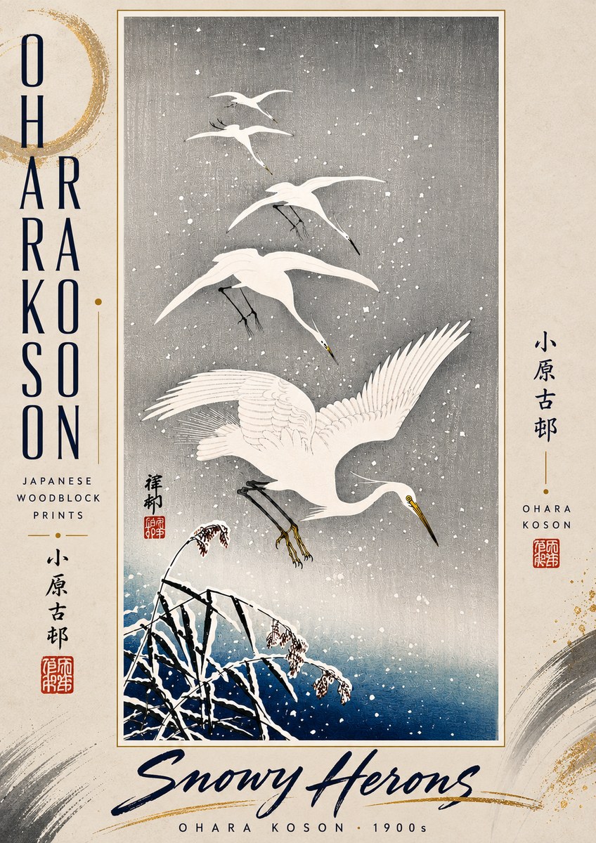 Ohara Koson Snowy Herons No5 - Affiche