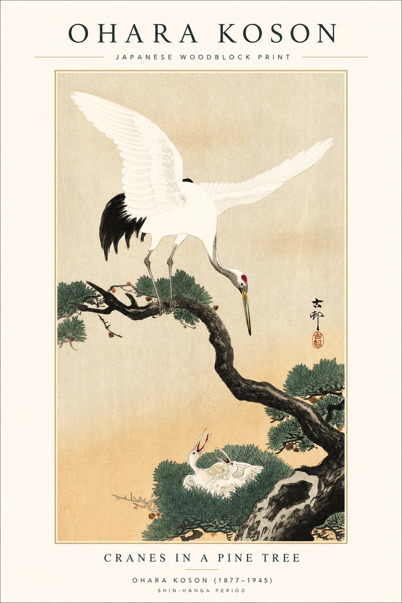 Ohara Koson Cranes in Pine No2 - Affiche