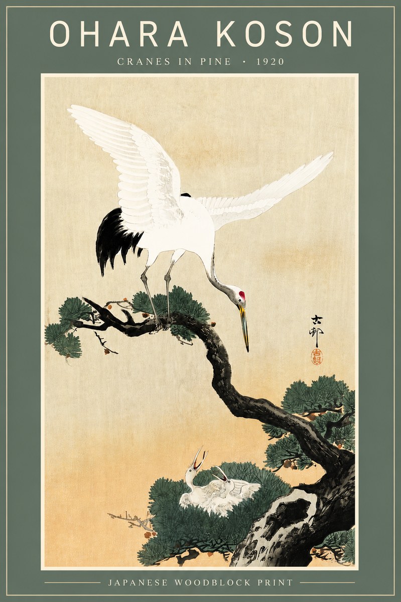 Ohara Koson Cranes in Pine No4 - Affiche