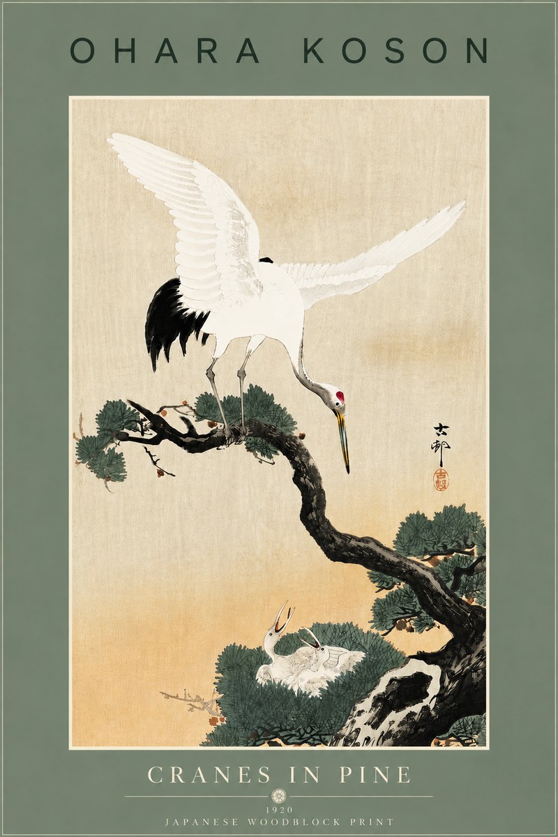 Ohara Koson Cranes in Pine No6 - Affiche