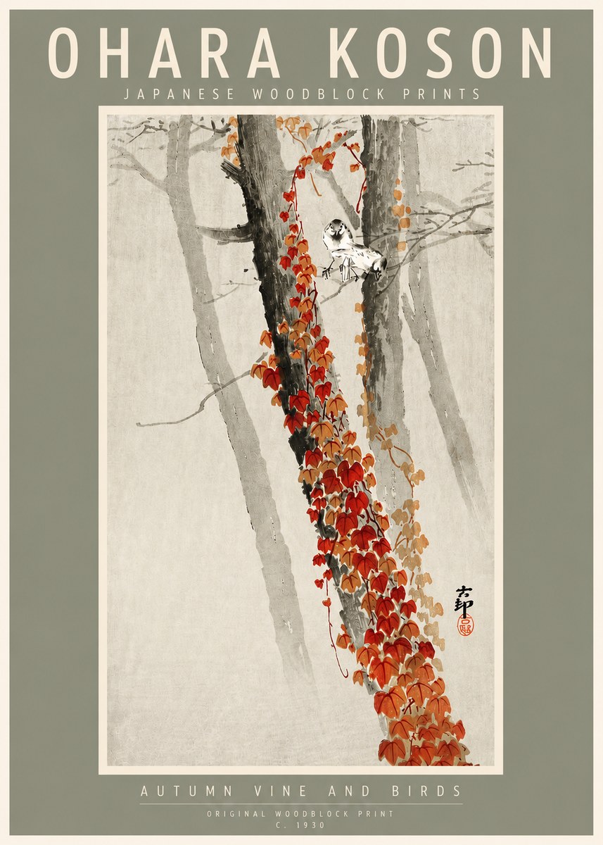 Ohara Koson Autumn Vine and Birds No2 - Affiche
