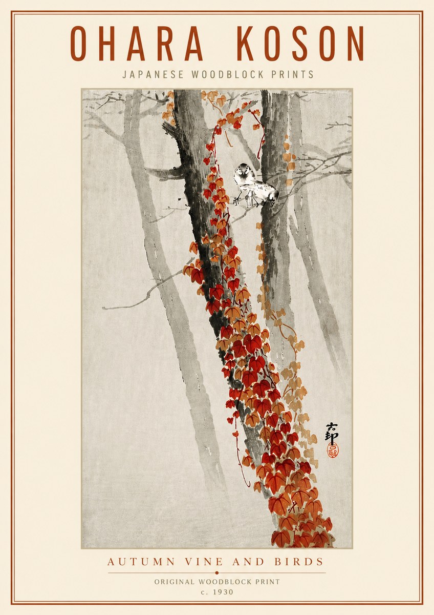 Ohara Koson Autumn Vine and Birds No3 - Affiche