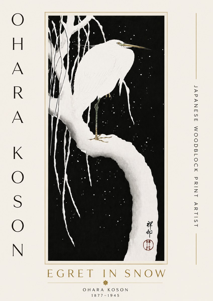 Ohara Koson Egret in Snow No5 - Affiche