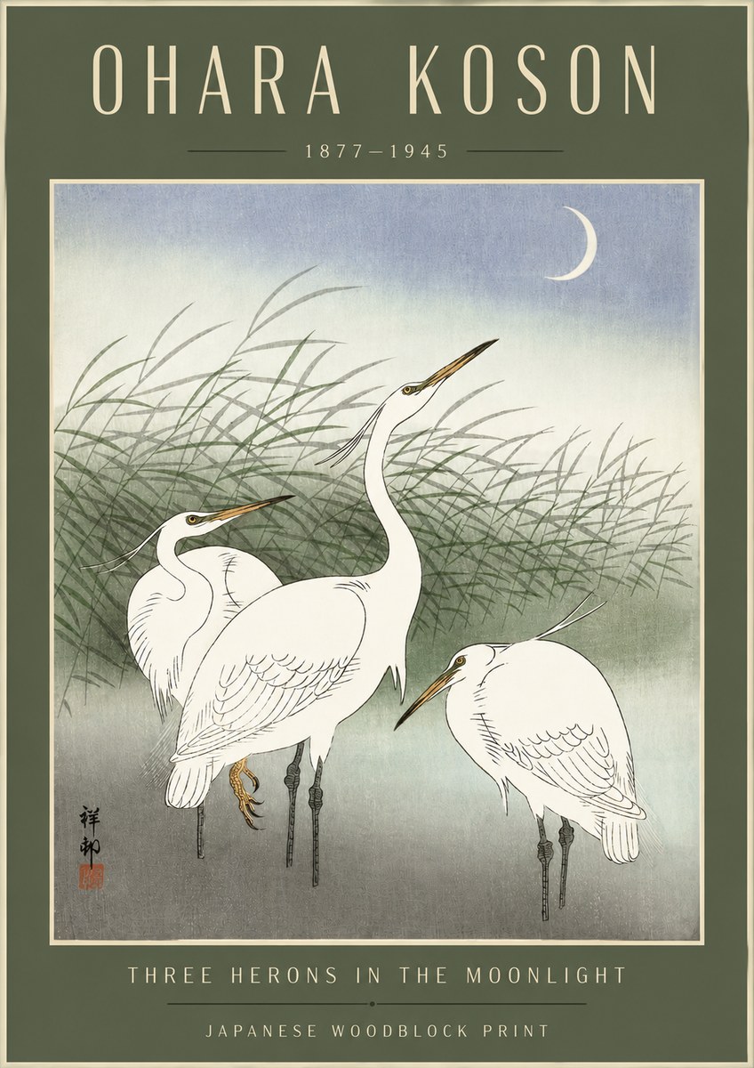Ohara Koson Three Herons in the Moonlight No4 - Affiche