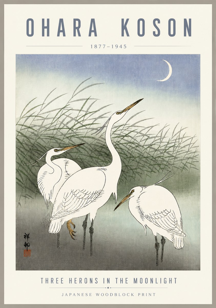 Ohara Koson Three Herons in the Moonlight No5 - Affiche