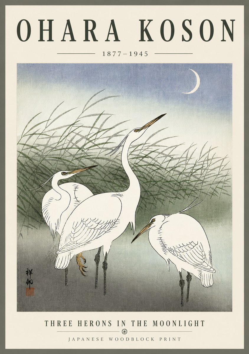 Ohara Koson Three Herons in the Moonlight No6 - Affiche
