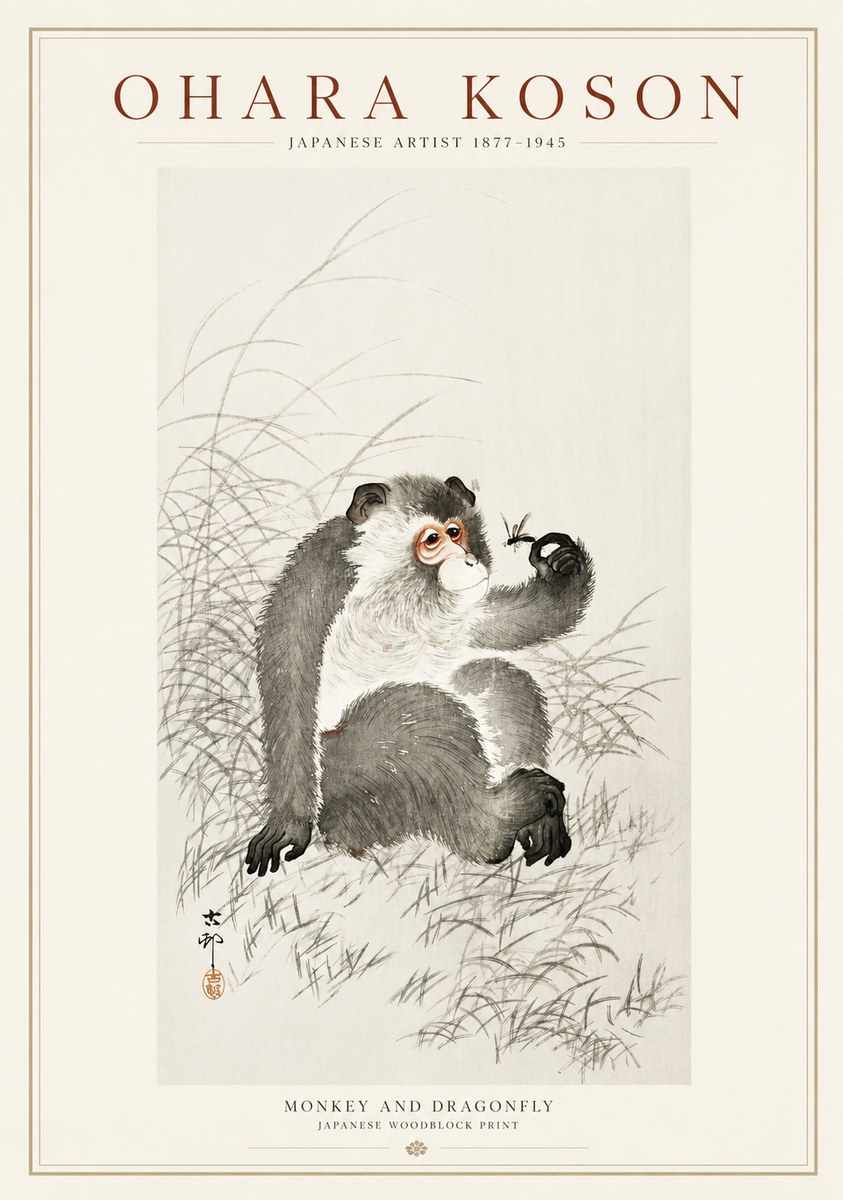 Ohara Koson Monkey and Dragonfly No1 - Affiche