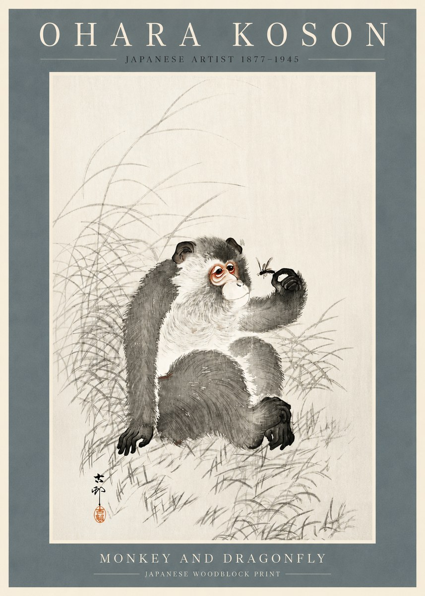 Ohara Koson Monkey and Dragonfly No2 - Affiche