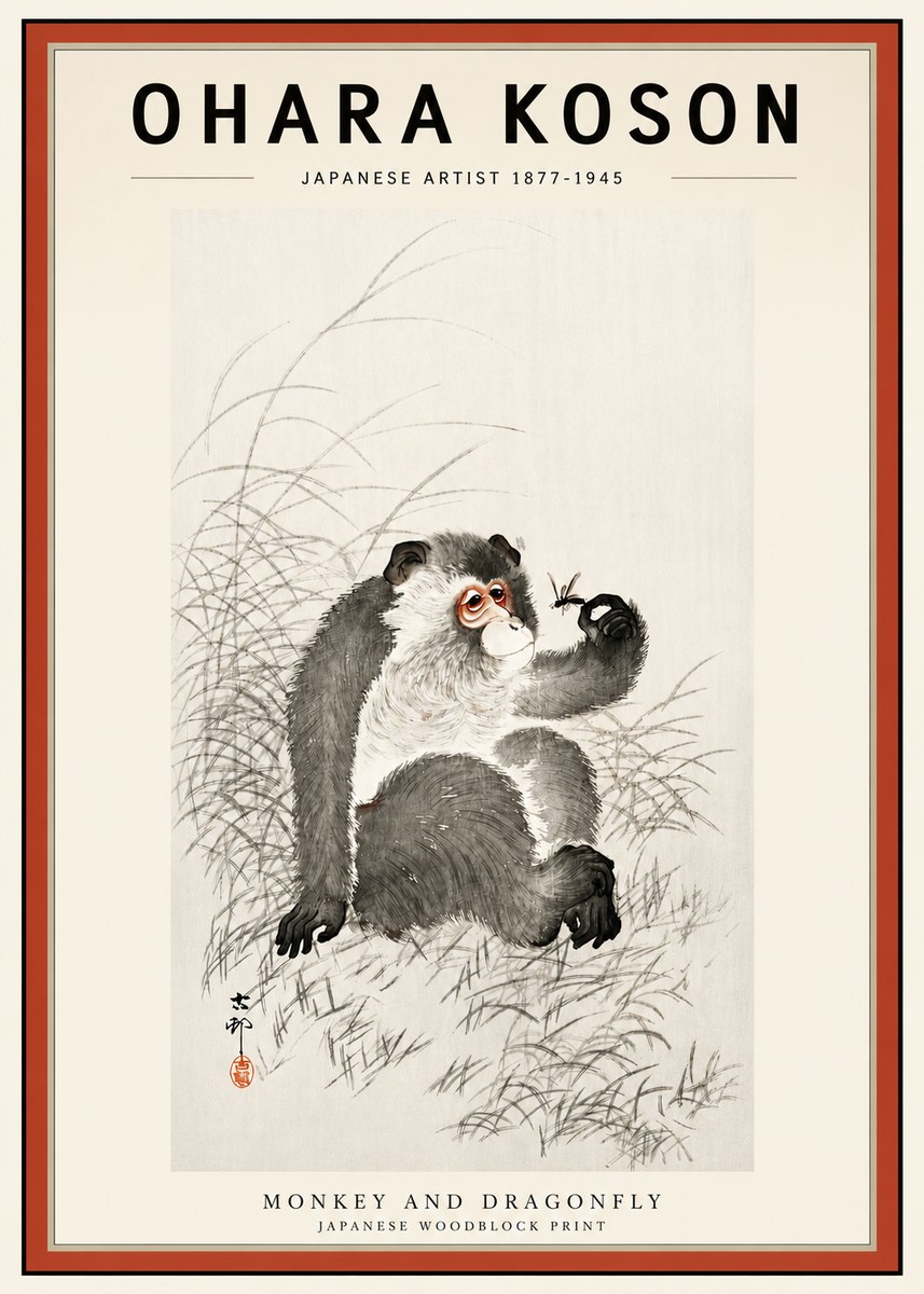 Ohara Koson Monkey and Dragonfly No3 - Affiche