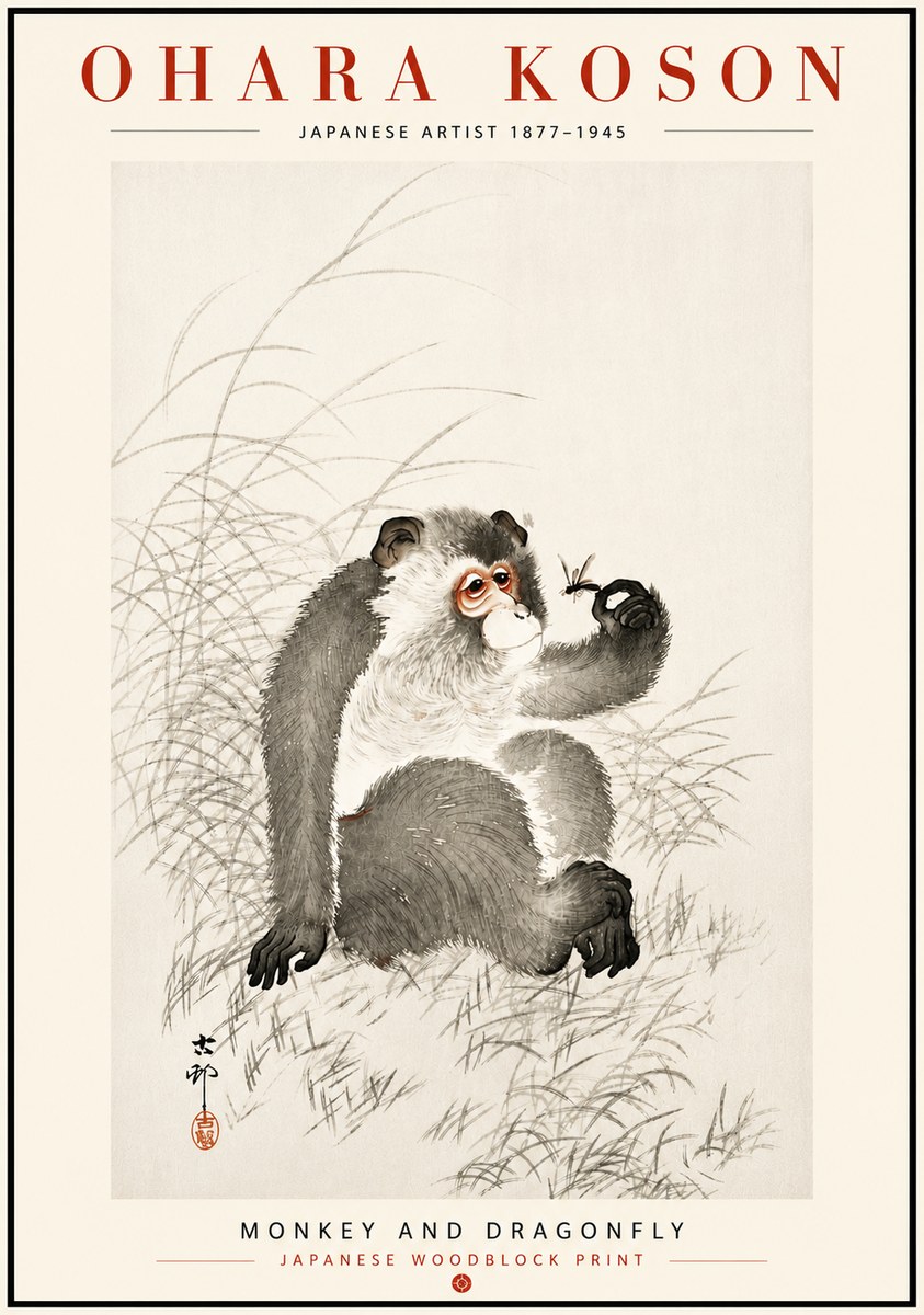 Ohara Koson Monkey and Dragonfly No6 - Affiche