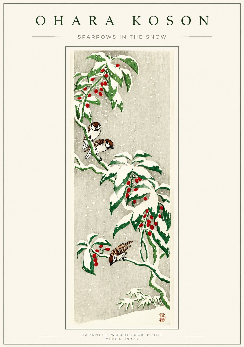 Ohara Koson Sparrows in the Snow No1 - Affiche
