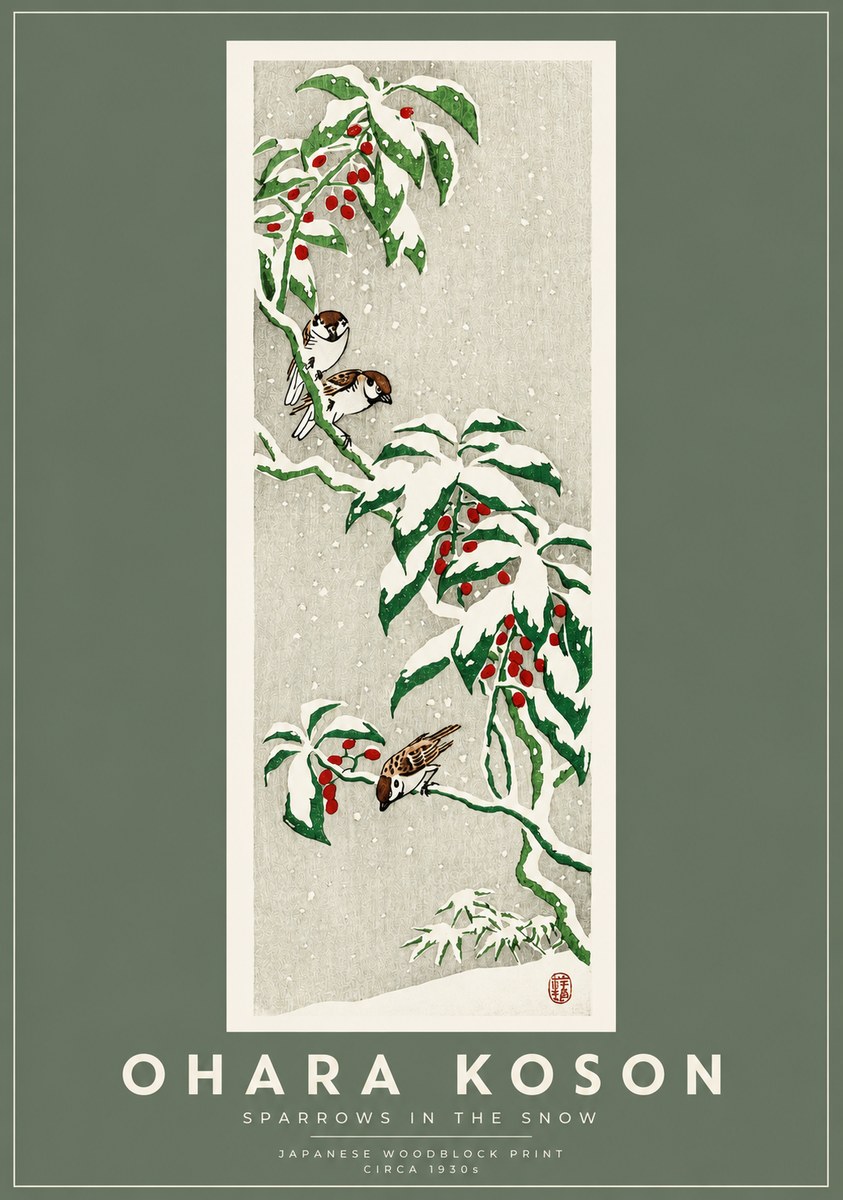 Ohara Koson Sparrows in the Snow No2 - Affiche