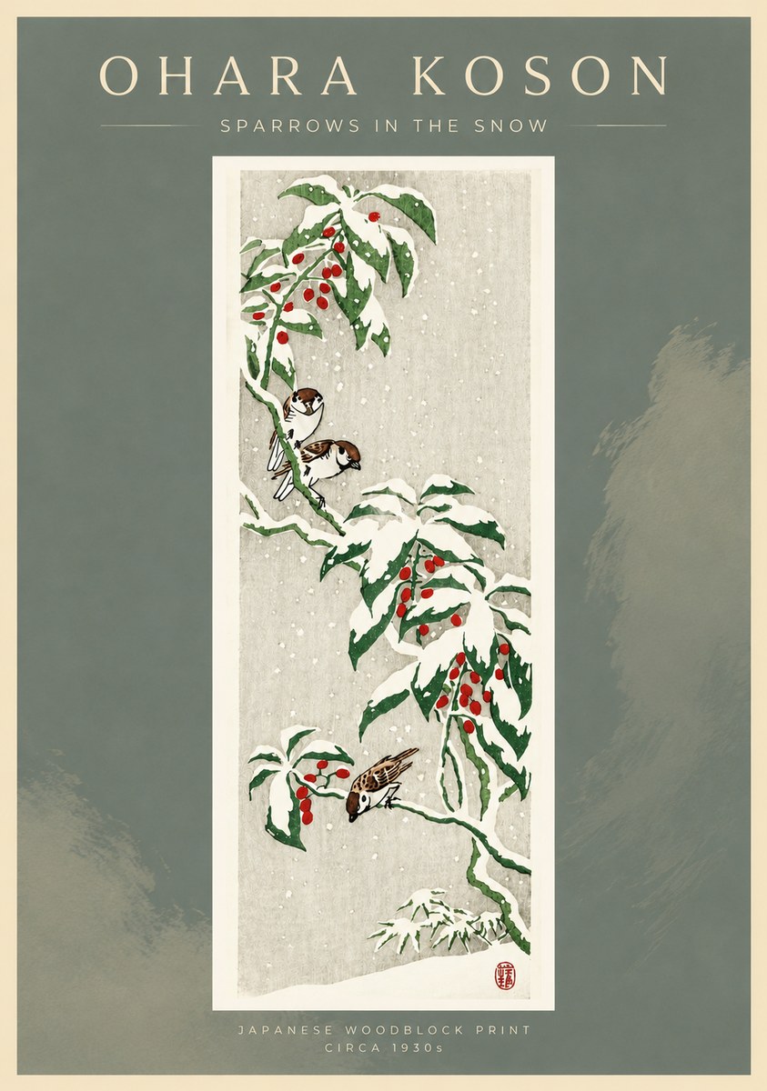 Ohara Koson Sparrows in the Snow No4 - Affiche
