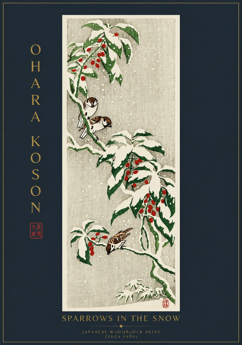 Ohara Koson Sparrows in the Snow No6 - Affiche