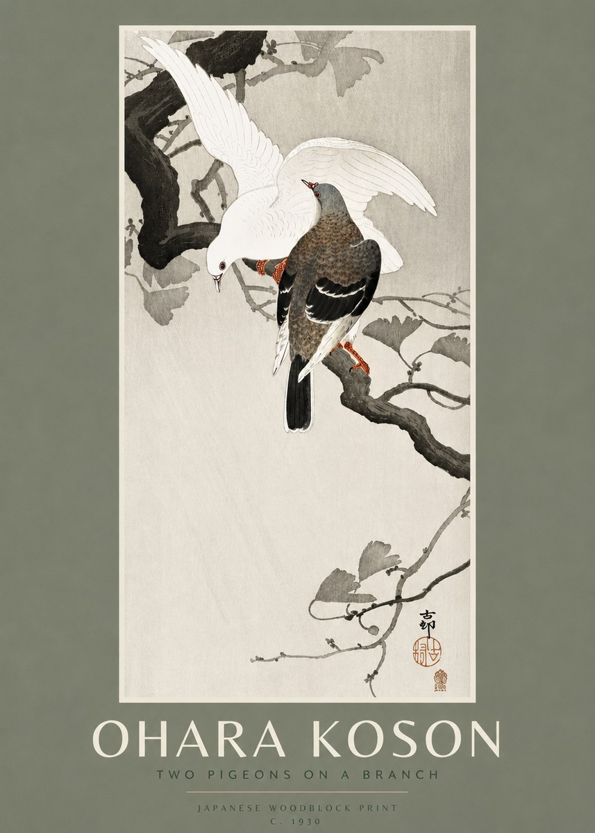 Ohara Koson Two Pigeons on a Branch No2 - Affiche