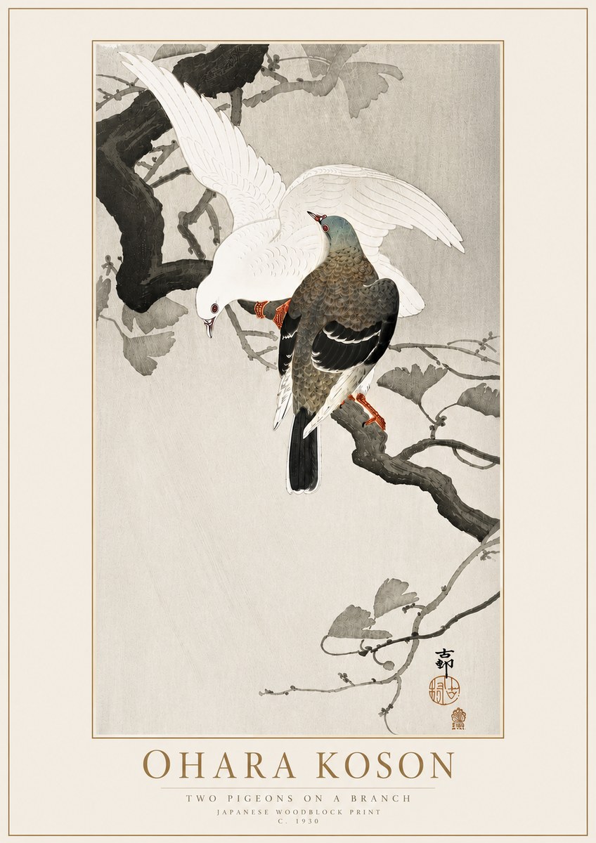 Ohara Koson Two Pigeons on a Branch No4 - Affiche