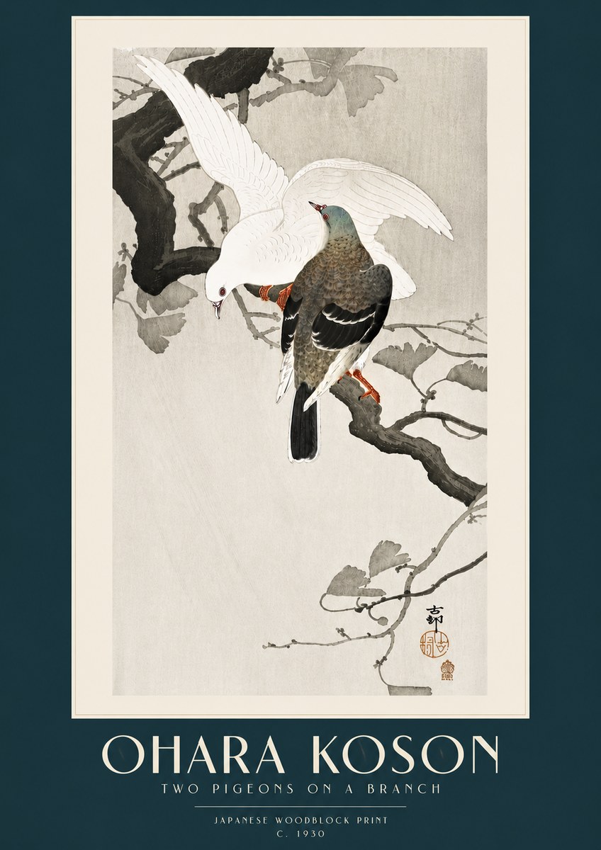 Ohara Koson Two Pigeons on a Branch No5 - Affiche