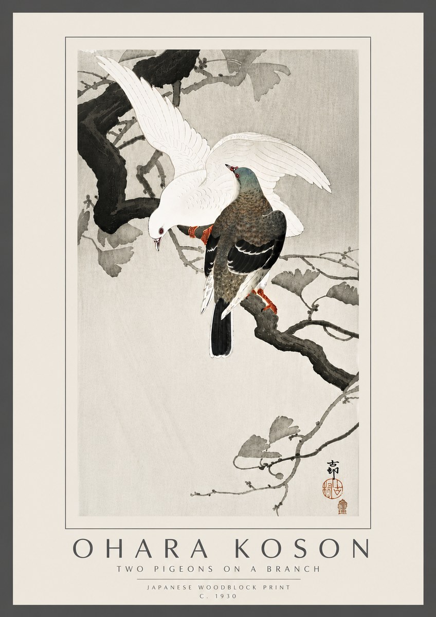 Ohara Koson Two Pigeons on a Branch No6 - Affiche