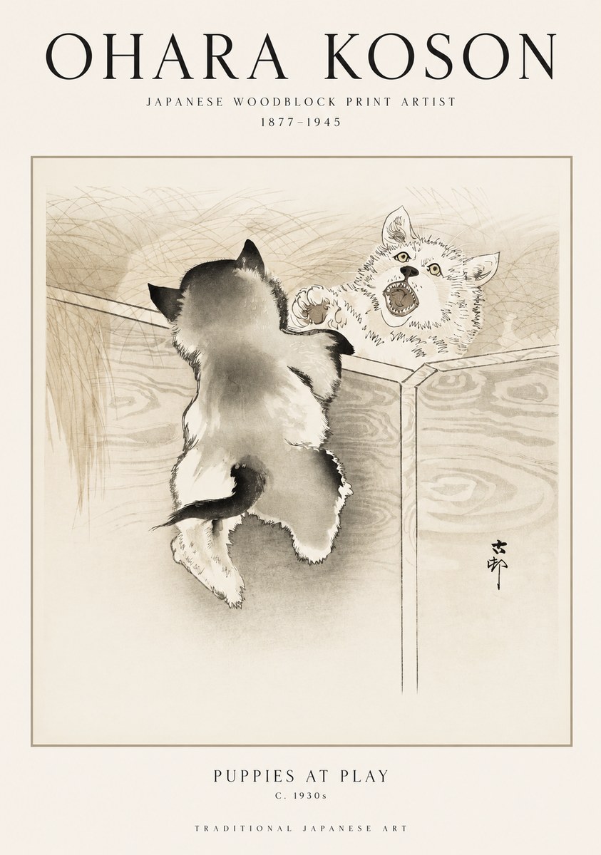 Ohara Koson Puppies at Play No1 - Affiche