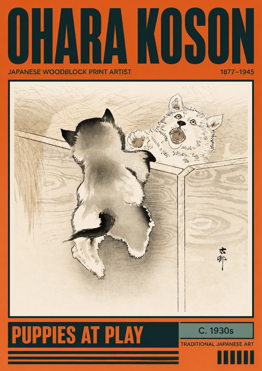 Ohara Koson Puppies at Play No2 - Affiche