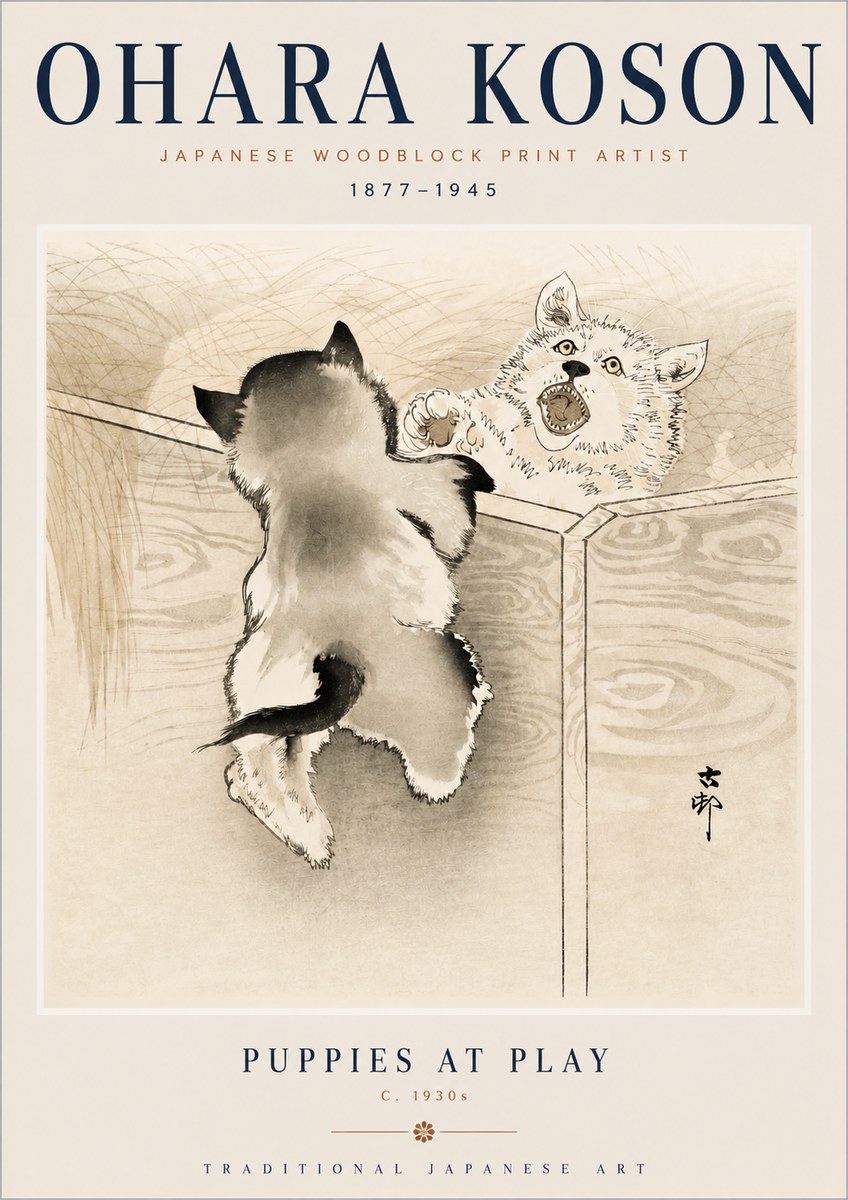 Ohara Koson Puppies at Play No3 - Affiche