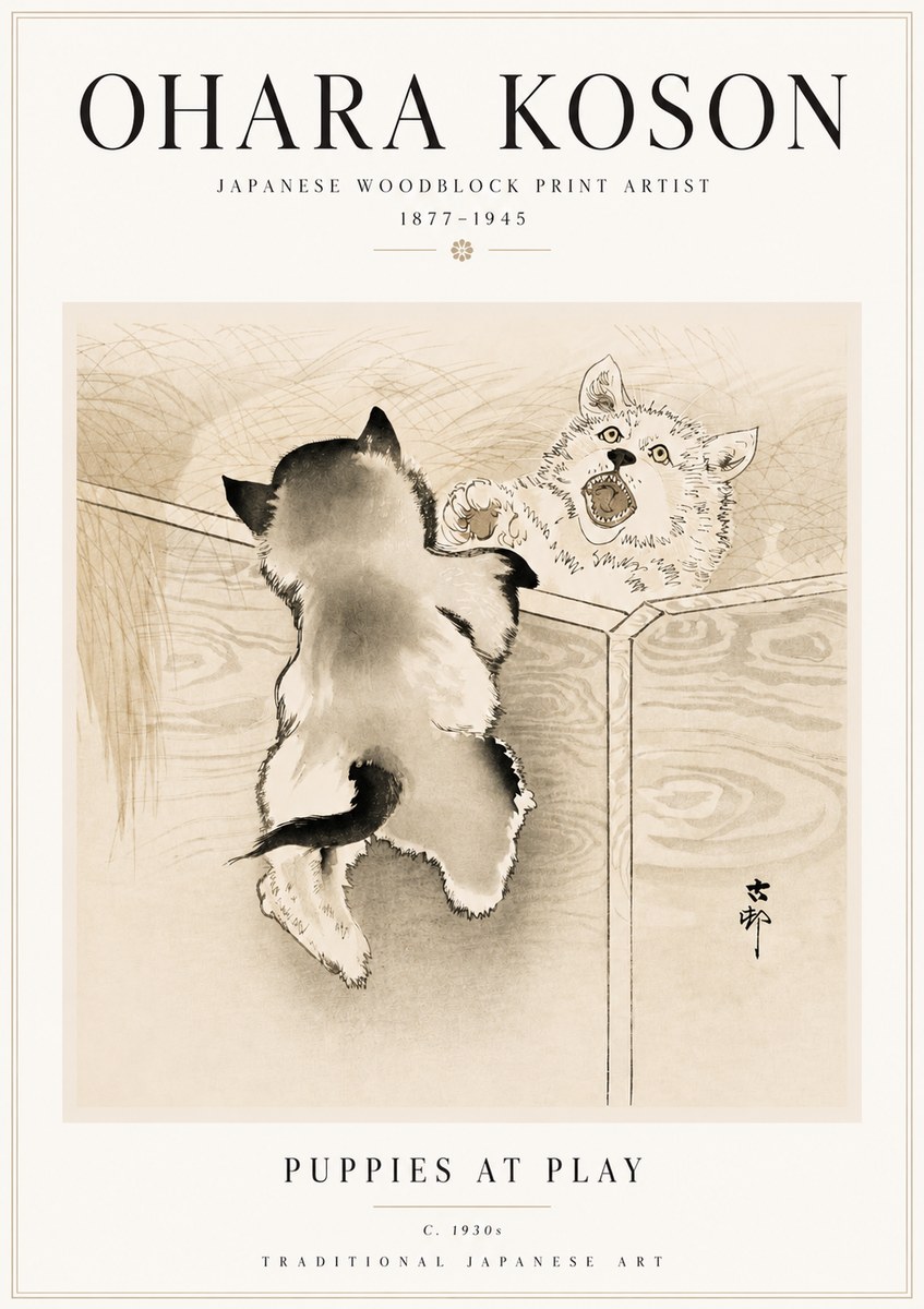 Ohara Koson Puppies at Play No5 - Affiche