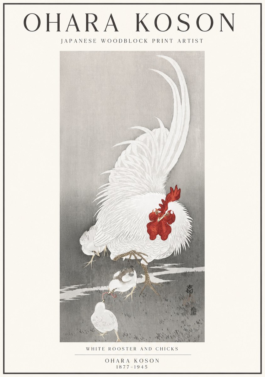 Ohara Koson White Rooster and Chicks No1 - Affiche