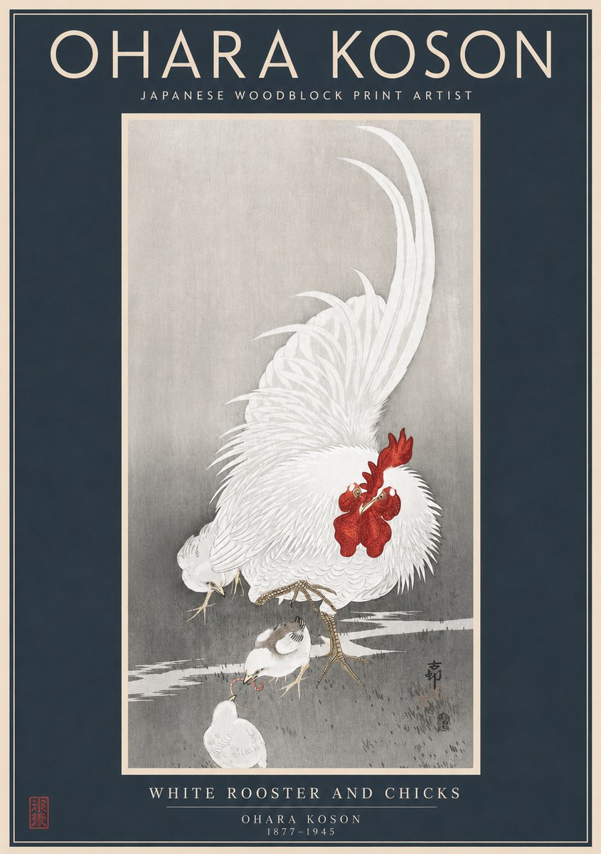 Ohara Koson White Rooster and Chicks No2 - Affiche