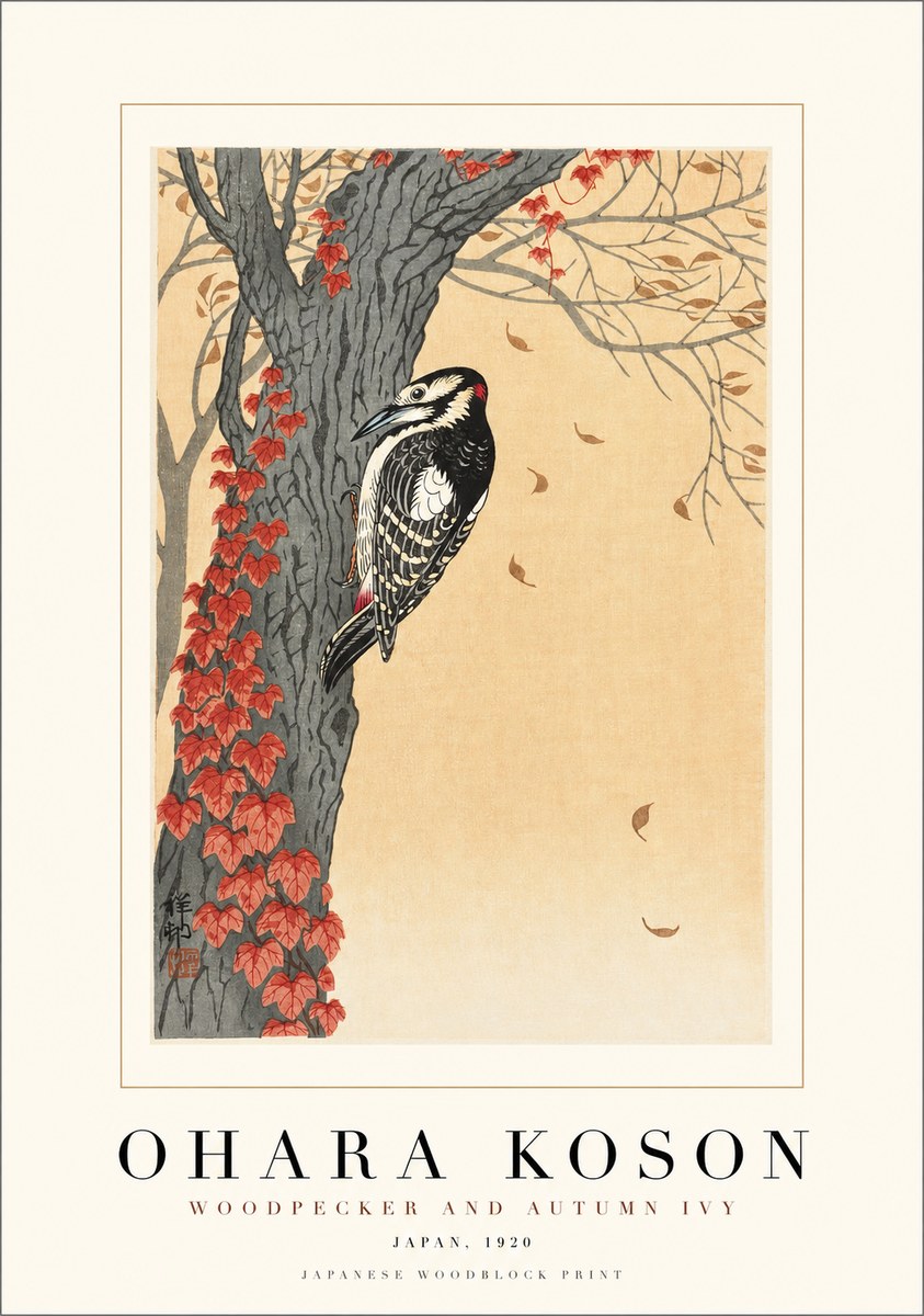 Ohara Koson Woodpecker and Autumn Ivy No1 - Affiche