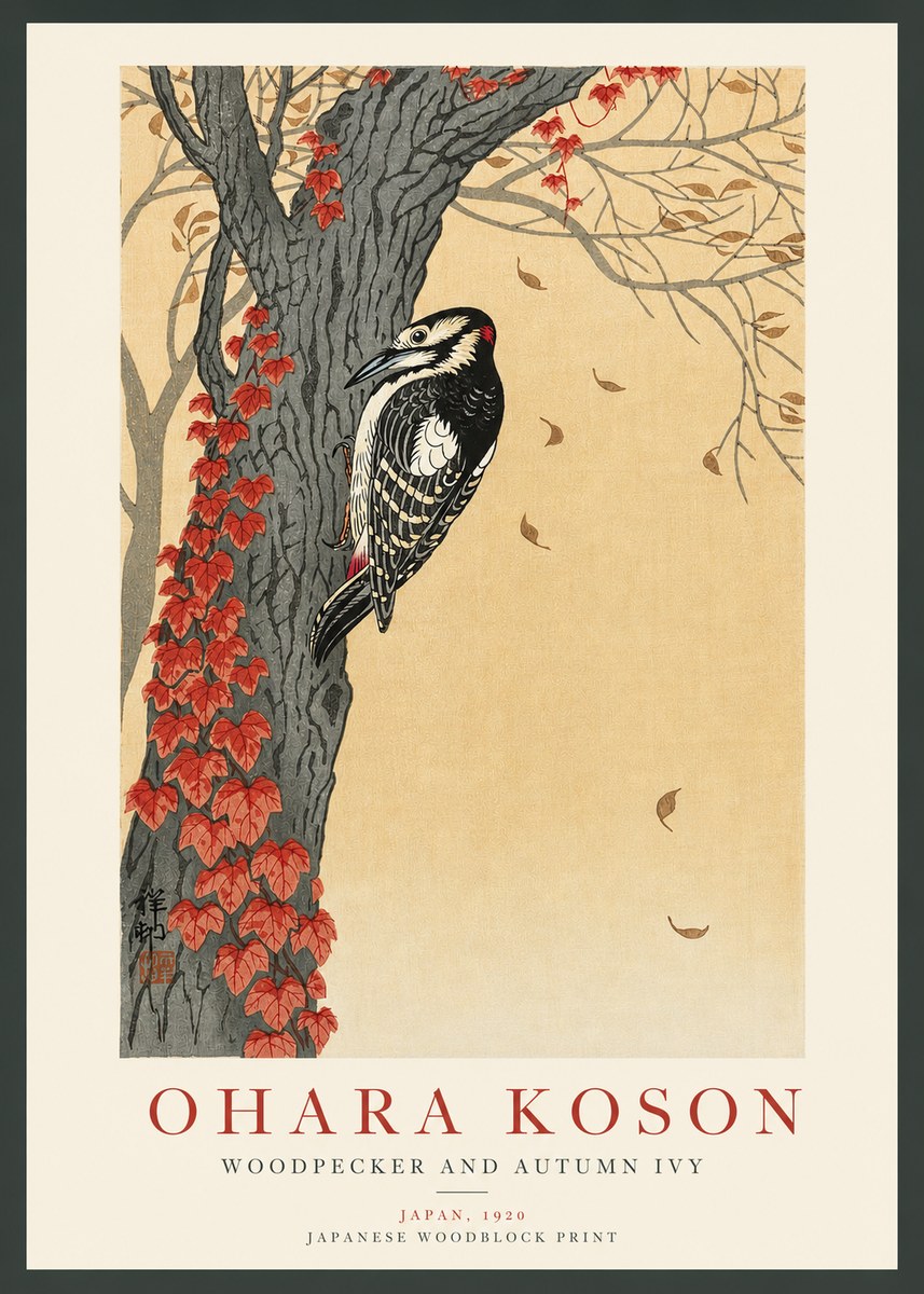 Ohara Koson Woodpecker and Autumn Ivy No3 - Affiche