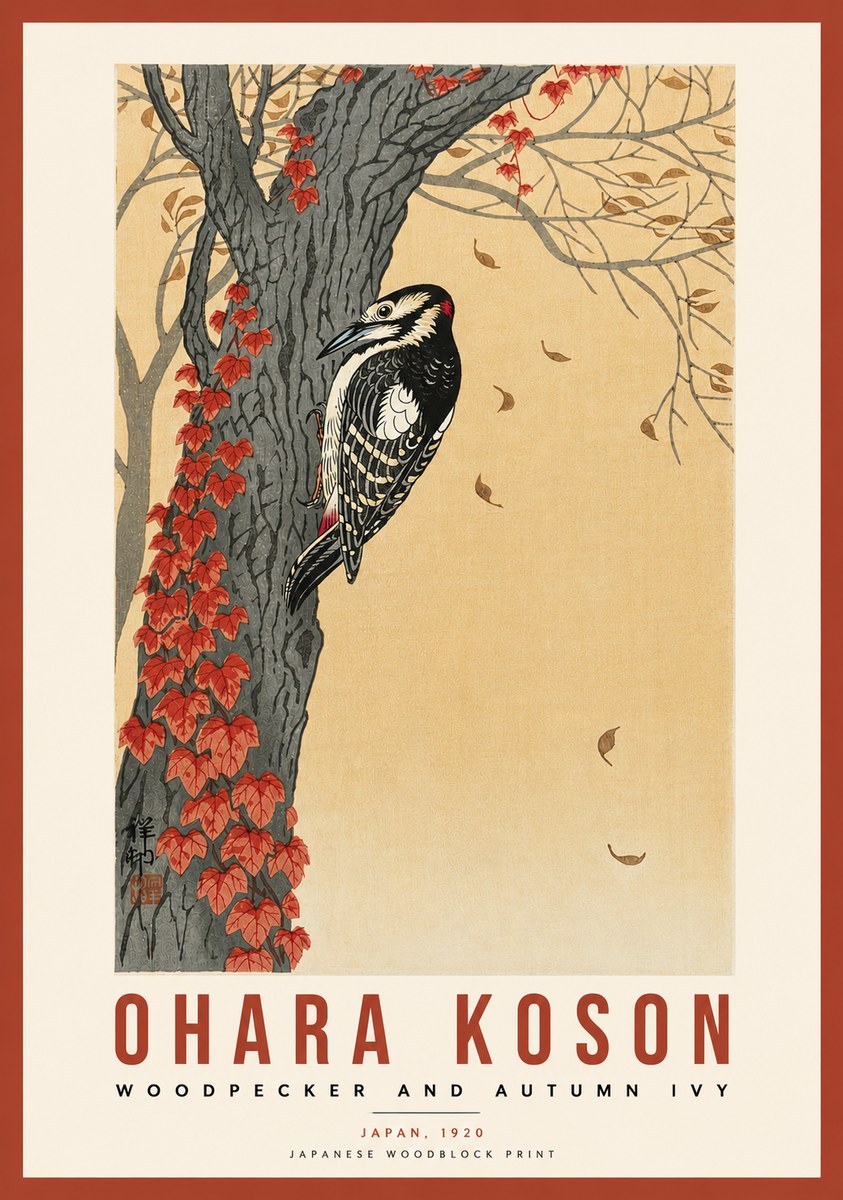 Ohara Koson Woodpecker and Autumn Ivy No5 - Affiche