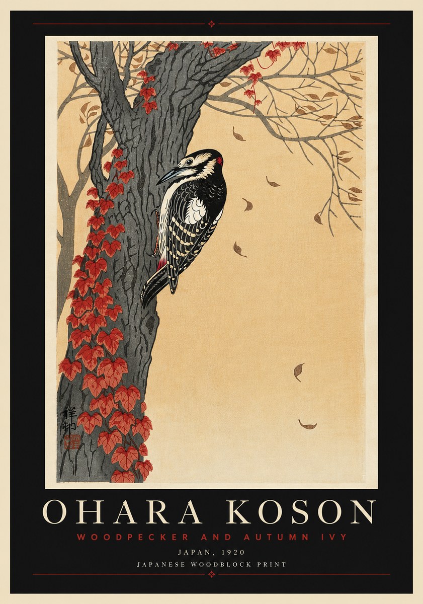 Ohara Koson Woodpecker and Autumn Ivy No6 - Affiche