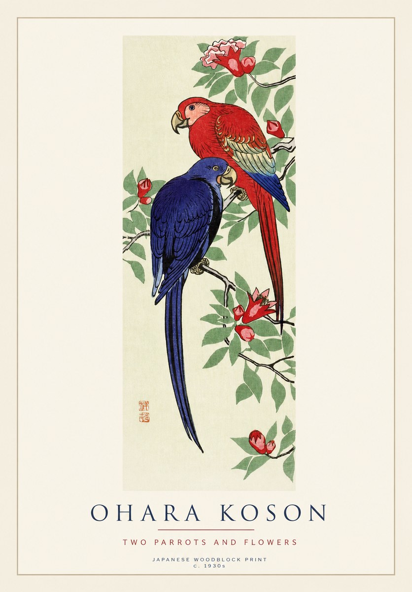 Ohara Koson Two Parrots and Flowers No1 - Affiche