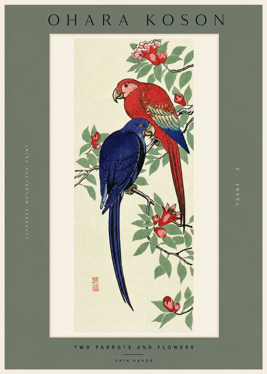 Ohara Koson Two Parrots and Flowers No2 - Affiche