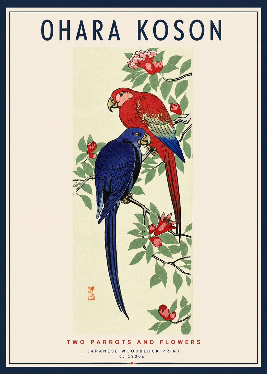 Ohara Koson Two Parrots and Flowers No3 - Affiche