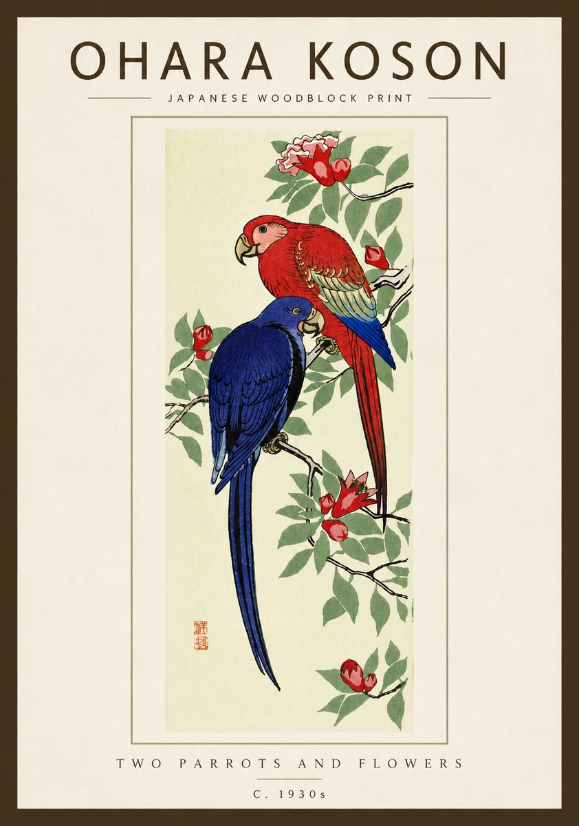 Ohara Koson Two Parrots and Flowers No5 - Affiche